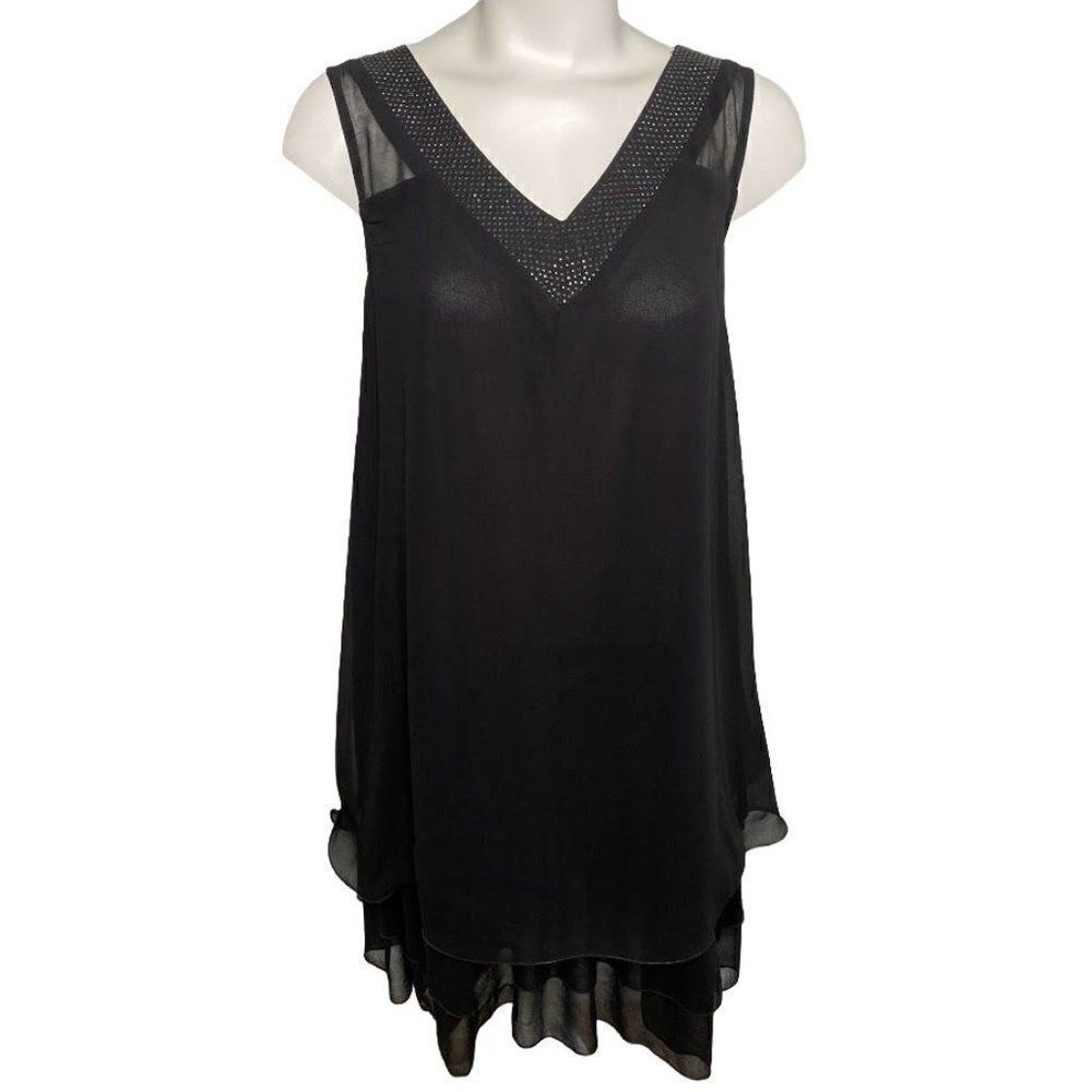 Forever 21 Black Chiffon Sleeveless V Neck Rhinestone Swing Dress Sz Small